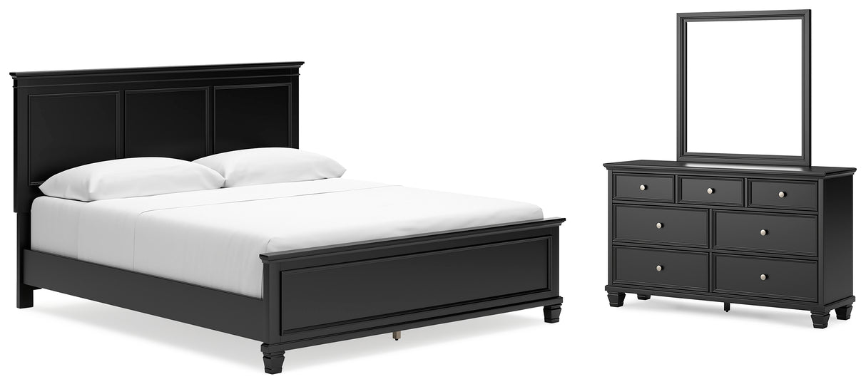 Lanolee 5-Piece California King Panel Bed with Mirrored Dresser (King/California King Panel Footboard, King/California King Panel Headboard, California King Panel Rails, Dresser, Bedroom Mirror)