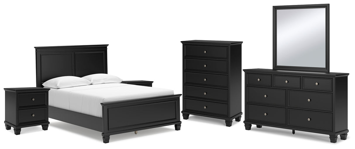 Lanolee 8-Piece Full Panel Bed with Mirrored Dresser, Chest and 2 Nightstands (Full Panel Footboard, Twin/Full Panel Rails, Full Panel Headboard, Dresser, Bedroom Mirror, Chest of Drawers, Nightstand, Nightstand)
