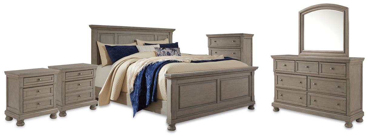 Lettner King Panel Bed, Dresser, Mirror, Chest and 2 Nightstands