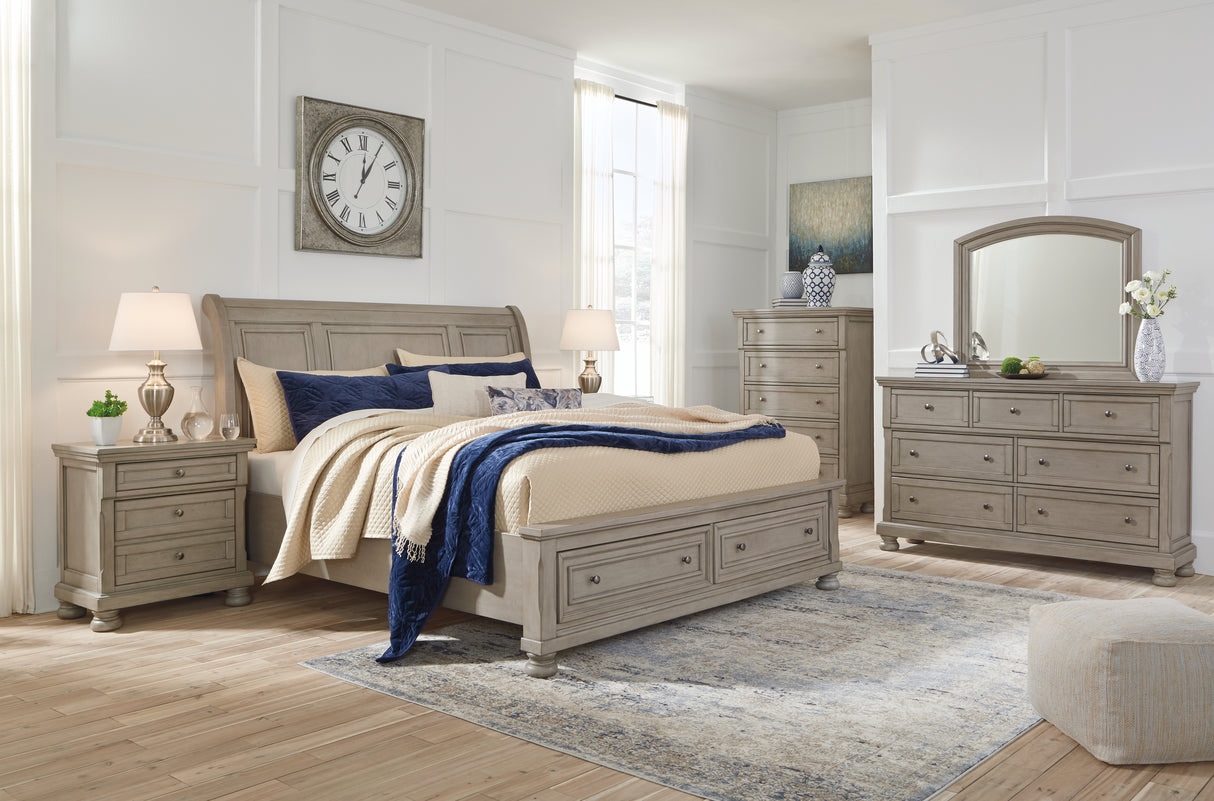 Lettner 7-Piece Queen Sleigh Bed with 2 Storage Drawers with Mirrored Dresser, Chest and Nightstand (Chest of Drawers, Nightstand, Dresser, Bedroom Mirror, Queen Sleigh Headboard, Queen Rails with Roll Slats, Queen Storage Footboard)