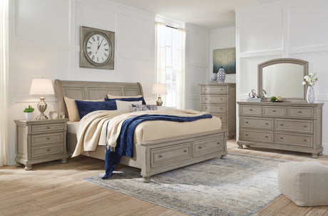 Lettner 7-Piece Queen Sleigh Bed with 2 Storage Drawers with Mirrored Dresser, Chest and Nightstand (Chest of Drawers, Nightstand, Dresser, Bedroom Mirror, Queen Sleigh Headboard, Queen Rails with Roll Slats, Queen Storage Footboard)