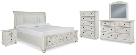 Robbinsdale 7-Piece Queen Sleigh Bed with Storage with Mirrored Dresser, Chest and Nightstand (Queen Storage Footboard, Queen Sleigh Headboard, Queen Rails with Roll Slats, Dresser, Bedroom Mirror, Chest of Drawers, Nightstand)