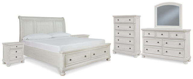 Robbinsdale 8-Piece Queen Sleigh Bed with Storage with Mirrored Dresser, Chest and 2 Nightstands (Queen Storage Footboard, Queen Sleigh Headboard, Queen Rails with Roll Slats, Dresser, Bedroom Mirror, Chest of Drawers, Nightstand, Nightstand)