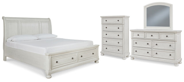 Robbinsdale 6-Piece King Sleigh Bed with Storage with Mirrored Dresser and Chest (King/California King Storage Footboard, King/California King Sleigh Headboard, King Rails with Roll Slats, Dresser, Bedroom Mirror, Chest of Drawers)