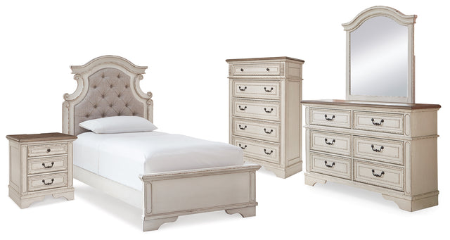 Realyn Twin Panel Bed, Dresser, Mirror, Chest and Nightstand (Bed Size: Twin)