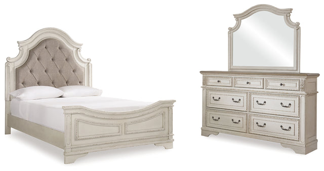Realyn Queen Upholstered Panel Bed, Dresser and Mirror (Bed Size: Queen)