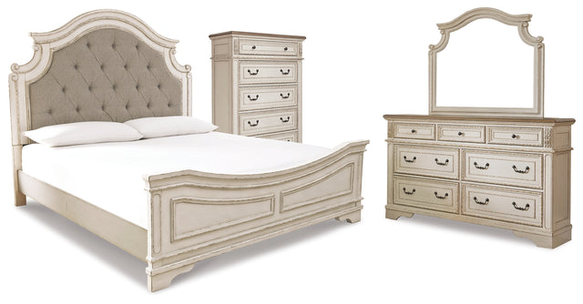 Realyn Queen Panel Bed, Dresser, Mirror and Chest (Bed Size: Queen)