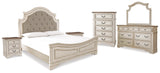 Realyn King Upholstered Panel Bed, Dresser, Mirror, Chest and 2 Nightstands (Bed Size: King)
