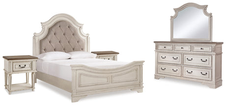 Realyn Queen Upholstered Panel Bed, Dresser, Mirror and 2 Nightstands (Bed Size: Queen)