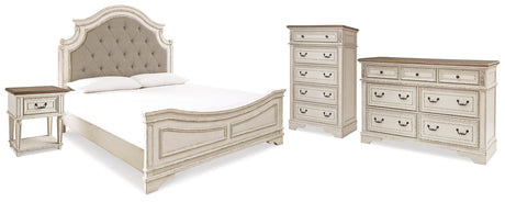Realyn King Upholstered Panel Bed, Dresser, Chest and Nightstand