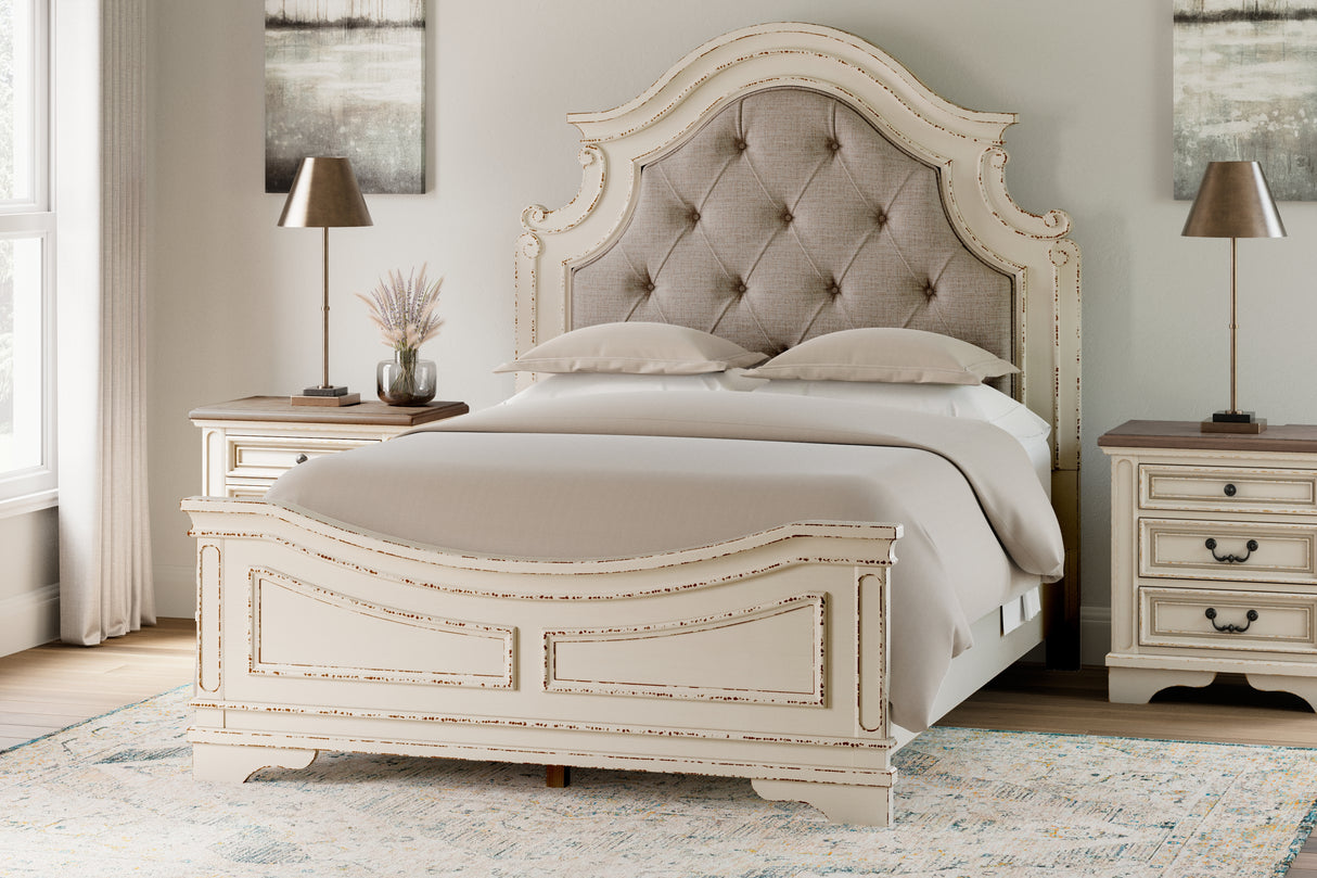 Realyn Queen Upholstered Panel Bed, Dresser and 2 Nightstands