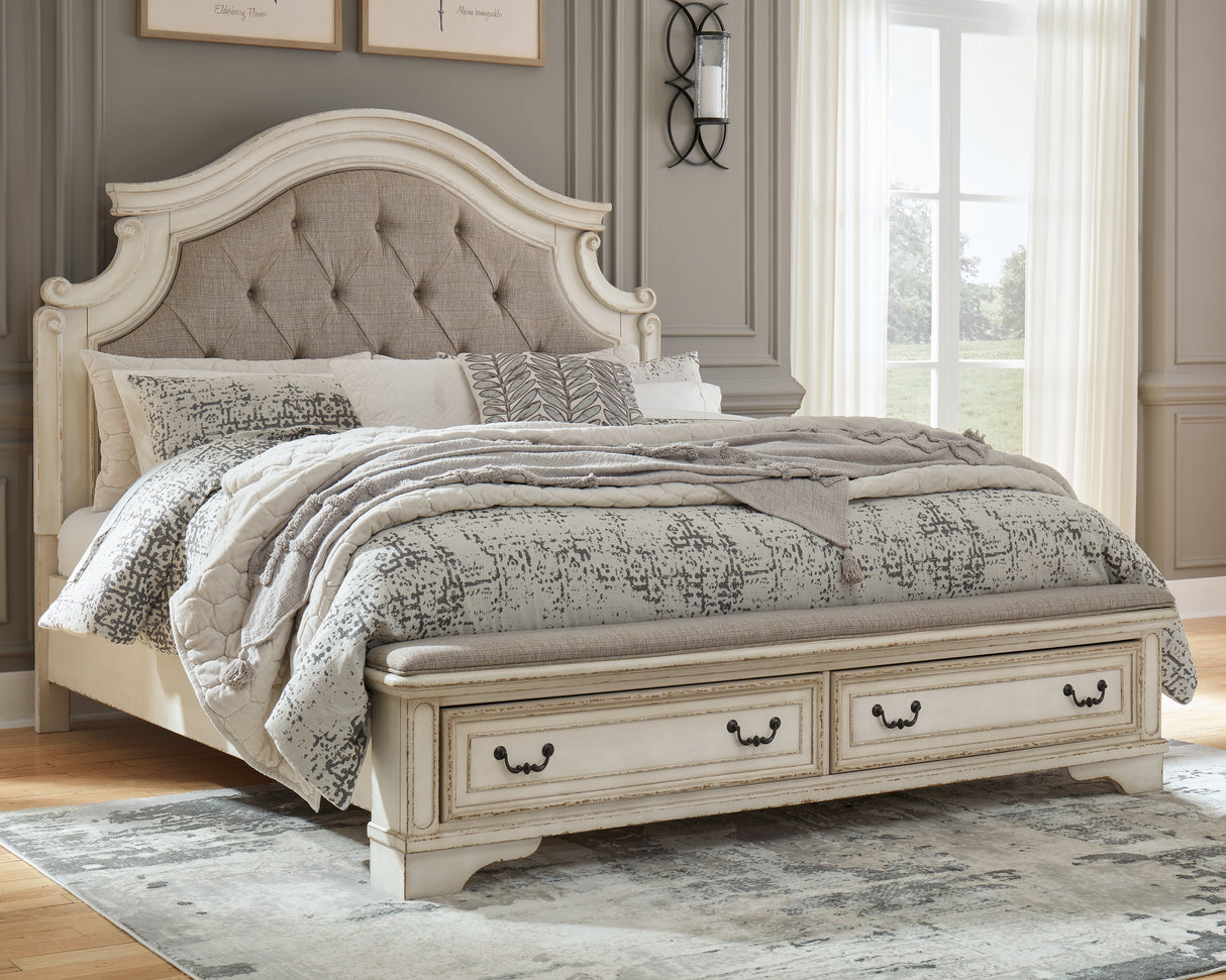 Realyn King Upholstered Panel Bed, Dresser, Mirror and Nightstand