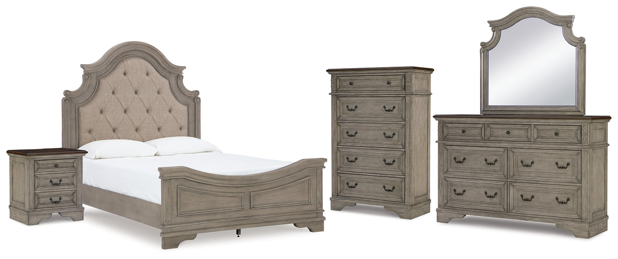 Lodenbay Queen Upholstered Panel Bed, Dresser, Mirror, Chest and Nightstand (Bed Size: Queen)
