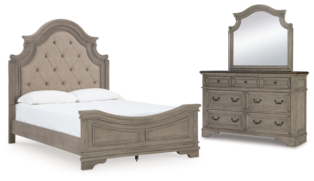 Lodenbay 5-Piece Queen Panel Bed with Mirrored Dresser (Queen Panel Footboard, Queen Upholstered Panel Headboard, Queen Panel Rails, Dresser, Bedroom Mirror)