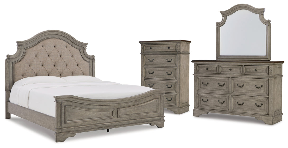 Lodenbay 6-Piece California King Panel Bed with Mirrored Dresser and Chest (King/California King Panel Footboard, King/California King Upholstered Panel Headboard, California King Panel Rails, Dresser, Bedroom Mirror, Chest of Drawers)