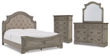 Lodenbay 6-Piece California King Panel Bed with Mirrored Dresser and Chest (King/California King Panel Footboard, King/California King Upholstered Panel Headboard, California King Panel Rails, Dresser, Bedroom Mirror, Chest of Drawers)