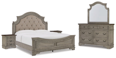 Lodenbay 7-Piece California King Panel Bed with Mirrored Dresser and 2 Nightstands (King/California King Panel Footboard, King/California King Upholstered Panel Headboard, California King Panel Rails, Dresser, Bedroom Mirror, Nightstand, Nightstand)