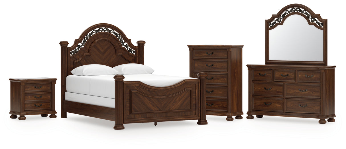 Lavinton 7-Piece Queen Poster Bed with Mirrored Dresser, Chest and Nightstand (Queen/King/California King Headboard/Footboard Posts, Queen Poster Headboard/Footboard Panels, Queen/King Rails, Dresser, Bedroom Mirror, Chest of Drawers, Nightstand)