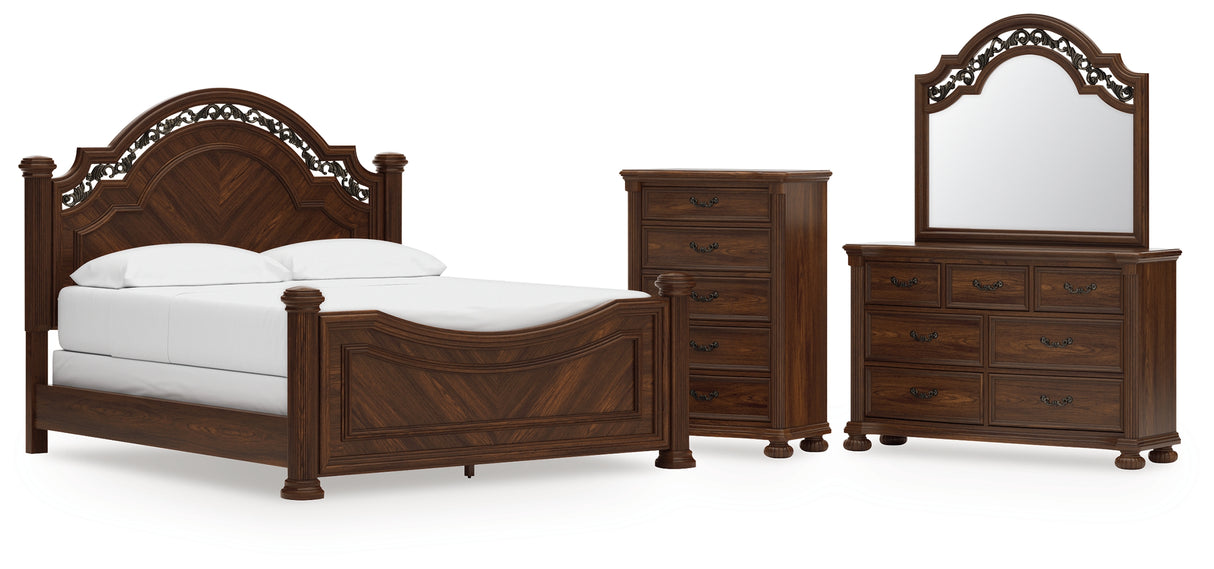 Lavinton 6-Piece California King Poster Bed with Mirrored Dresser and Chest (Queen/King/California King Headboard/Footboard Posts, King/California King Poster Headboard/Footboard Panels, California King Rails, Dresser, Bedroom Mirror, Chest of Drawers)