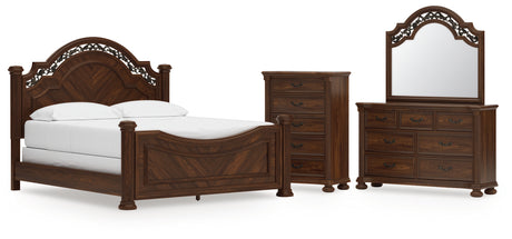 Lavinton 6-Piece California King Poster Bed with Mirrored Dresser and Chest (Queen/King/California King Headboard/Footboard Posts, King/California King Poster Headboard/Footboard Panels, California King Rails, Dresser, Bedroom Mirror, Chest of Drawers)