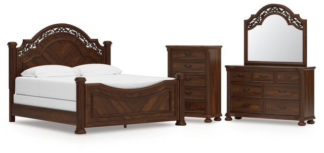 Lavinton 6-Piece King Poster Bed with Mirrored Dresser and Chest (Queen/King/California King Headboard/Footboard Posts, King/California King Poster Headboard/Footboard Panels, Queen/King Rails, Dresser, Bedroom Mirror, Chest of Drawers)