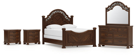 Lavinton 7-Piece Queen Poster Bed with Mirrored Dresser and 2 Nightstands (Queen/King/California King Headboard/Footboard Posts, Queen Poster Headboard/Footboard Panels, Queen/King Rails, Dresser, Bedroom Mirror, Nightstand, Nightstand)