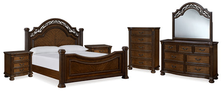 Lavinton King Poster Bed, Dresser, Mirror, Chest and 2 Nightstands (Bed Size: King)