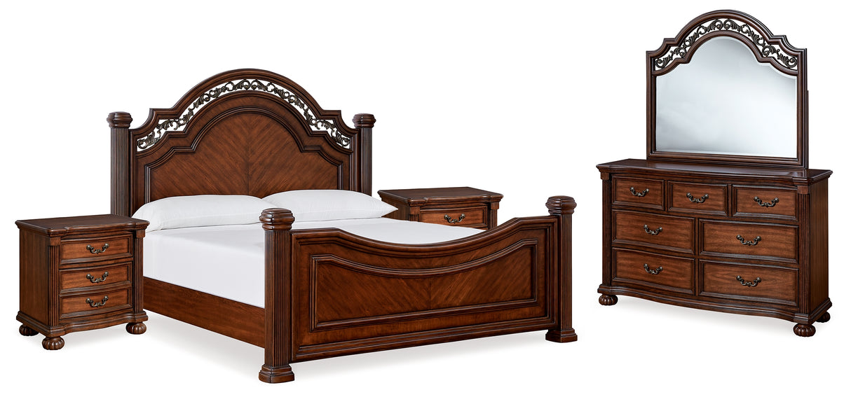 Lavinton 6-Piece King Poster Bed with Mirrored Dresser and Nightstand (Queen/King/California King Headboard/Footboard Posts, King/California King Poster Headboard/Footboard Panels, Queen/King Rails, Dresser, Bedroom Mirror, Nightstand)