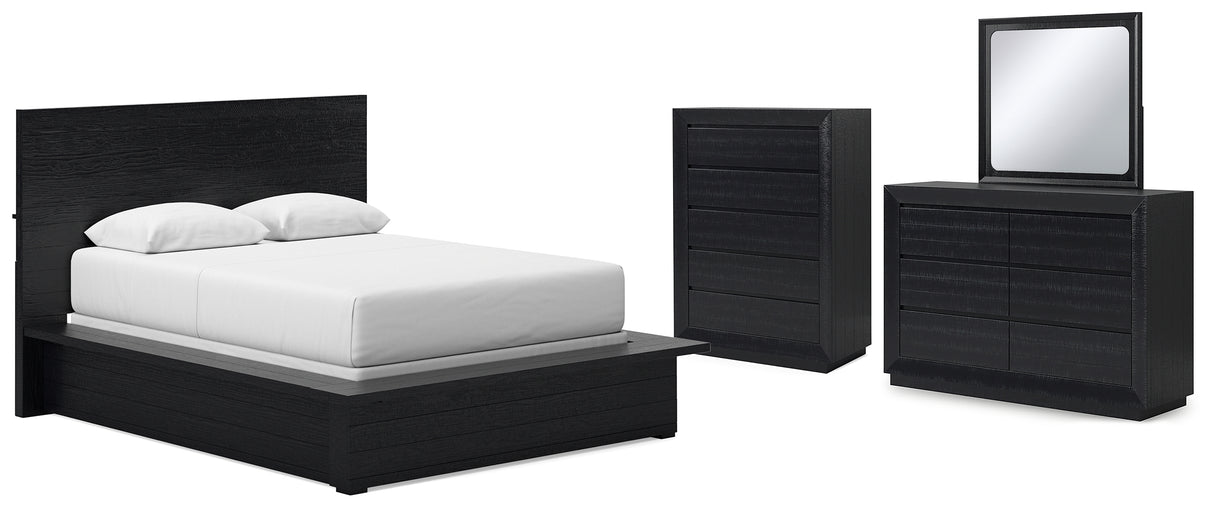 Londer 5-Piece Queen Panel Bed with Mirrored Dresser and Chest (Queen Panel Footboard with Rails, Queen Panel Headboard, Dresser, Bedroom Mirror, Chest of Drawers)