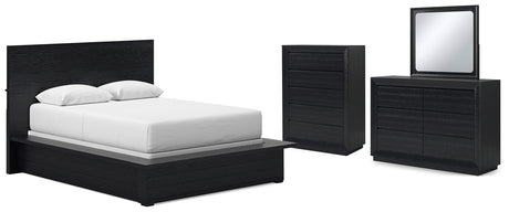 Londer 5-Piece Queen Panel Bed with Mirrored Dresser and Chest (Queen Panel Footboard with Rails, Queen Panel Headboard, Dresser, Bedroom Mirror, Chest of Drawers)