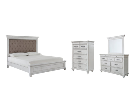 Kanwyn 6-Piece Queen Panel Bed with Mirrored Dresser and Chest (Queen Panel Footboard, Queen Panel Rails, Queen Upholstered Panel Headboard, Dresser, Bedroom Mirror, Chest of Drawers)