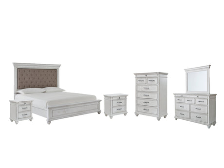 Kanwyn 8-Piece Queen Panel Bed with Mirrored Dresser, Chest and 2 Nightstands (Queen Panel Footboard, Queen Panel Rails, Queen Upholstered Panel Headboard, Dresser, Bedroom Mirror, Chest of Drawers, Nightstand, Nightstand)