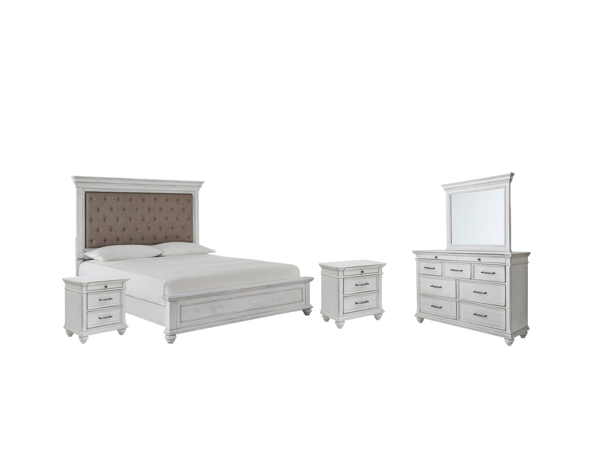 Kanwyn 7-Piece Queen Panel Bed with Mirrored Dresser and 2 Nightstands (Queen Panel Footboard, Queen Panel Rails, Queen Upholstered Panel Headboard, Dresser, Bedroom Mirror, Nightstand, Nightstand)