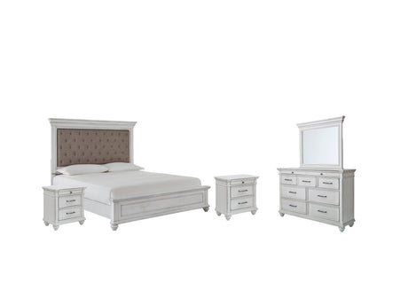 Kanwyn 7-Piece Queen Panel Bed with Mirrored Dresser and 2 Nightstands (Queen Panel Footboard, Queen Panel Rails, Queen Upholstered Panel Headboard, Dresser, Bedroom Mirror, Nightstand, Nightstand)