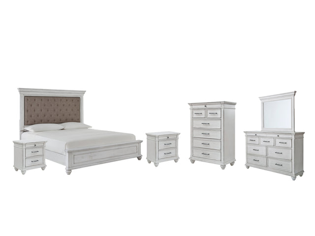 Kanwyn 8-Piece Queen Panel Bed with Mirrored Dresser, Chest and 2 Nightstands (Queen Panel Footboard, Queen Panel Rails, Queen Upholstered Panel Headboard, Dresser, Bedroom Mirror, Chest of Drawers, Nightstand, Nightstand)