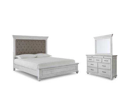 Kanwyn 5-Piece Queen Panel Bed with Mirrored Dresser (Dresser, Bedroom Mirror, Queen Panel Footboard, Queen Panel Rails, Queen Upholstered Panel Headboard)
