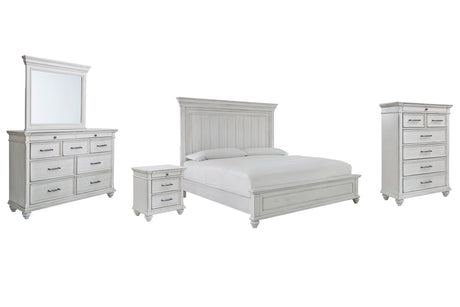 Kanwyn 7-Piece King Panel Bed with Mirrored Dresser, Chest and Nightstand (King/California King Panel Footboard, King/California King Panel Headboard, King Panel Rails, Dresser, Bedroom Mirror, Chest of Drawers, Nightstand)