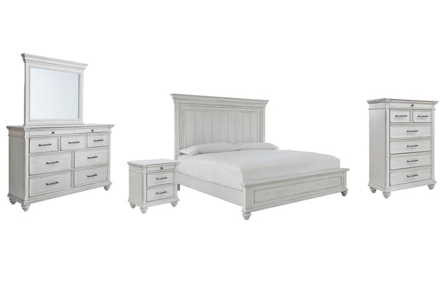 Kanwyn 7-Piece King Panel Bed with Mirrored Dresser, Chest and Nightstand (King/California King Panel Footboard, King/California King Panel Headboard, King Panel Rails, Dresser, Bedroom Mirror, Chest of Drawers, Nightstand)