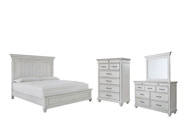 Kanwyn 6-Piece Queen Panel Bed with Mirrored Dresser and Chest (Queen Panel Footboard, Queen Panel Headboard, Queen Panel Rails, Dresser, Bedroom Mirror, Chest of Drawers)