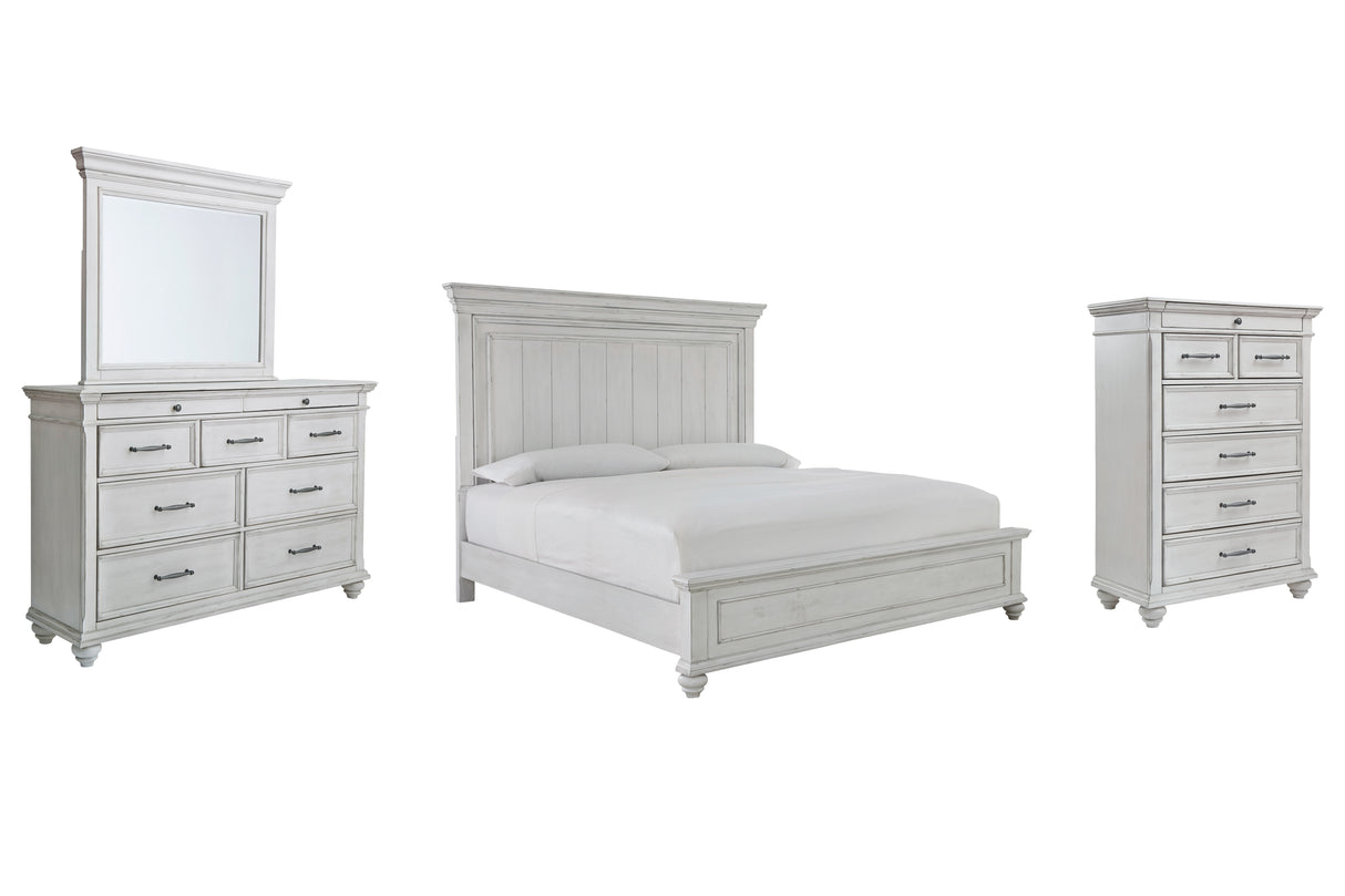Kanwyn 6-Piece King Panel Bed with Mirrored Dresser and Chest (King/California King Panel Footboard, King/California King Panel Headboard, King Panel Rails, Dresser, Bedroom Mirror, Chest of Drawers)