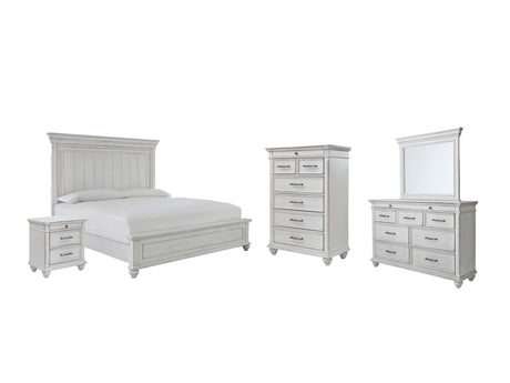 Kanwyn 7-Piece Queen Panel Bed with Mirrored Dresser, Chest and Nightstand (Queen Panel Footboard, Queen Panel Headboard, Queen Panel Rails, Dresser, Bedroom Mirror, Chest of Drawers, Nightstand)