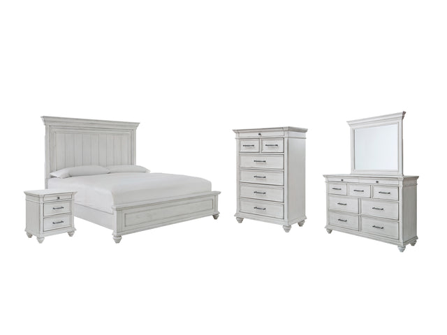 Kanwyn 7-Piece Queen Panel Bed with Mirrored Dresser, Chest and Nightstand (Queen Panel Footboard, Queen Panel Headboard, Queen Panel Rails, Dresser, Bedroom Mirror, Chest of Drawers, Nightstand)