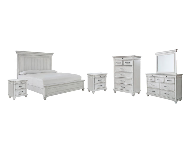 Kanwyn 8-Piece Queen Panel Bed with Mirrored Dresser, Chest and 2 Nightstands (Queen Panel Footboard, Queen Panel Headboard, Queen Panel Rails, Dresser, Bedroom Mirror, Chest of Drawers, Nightstand, Nightstand)