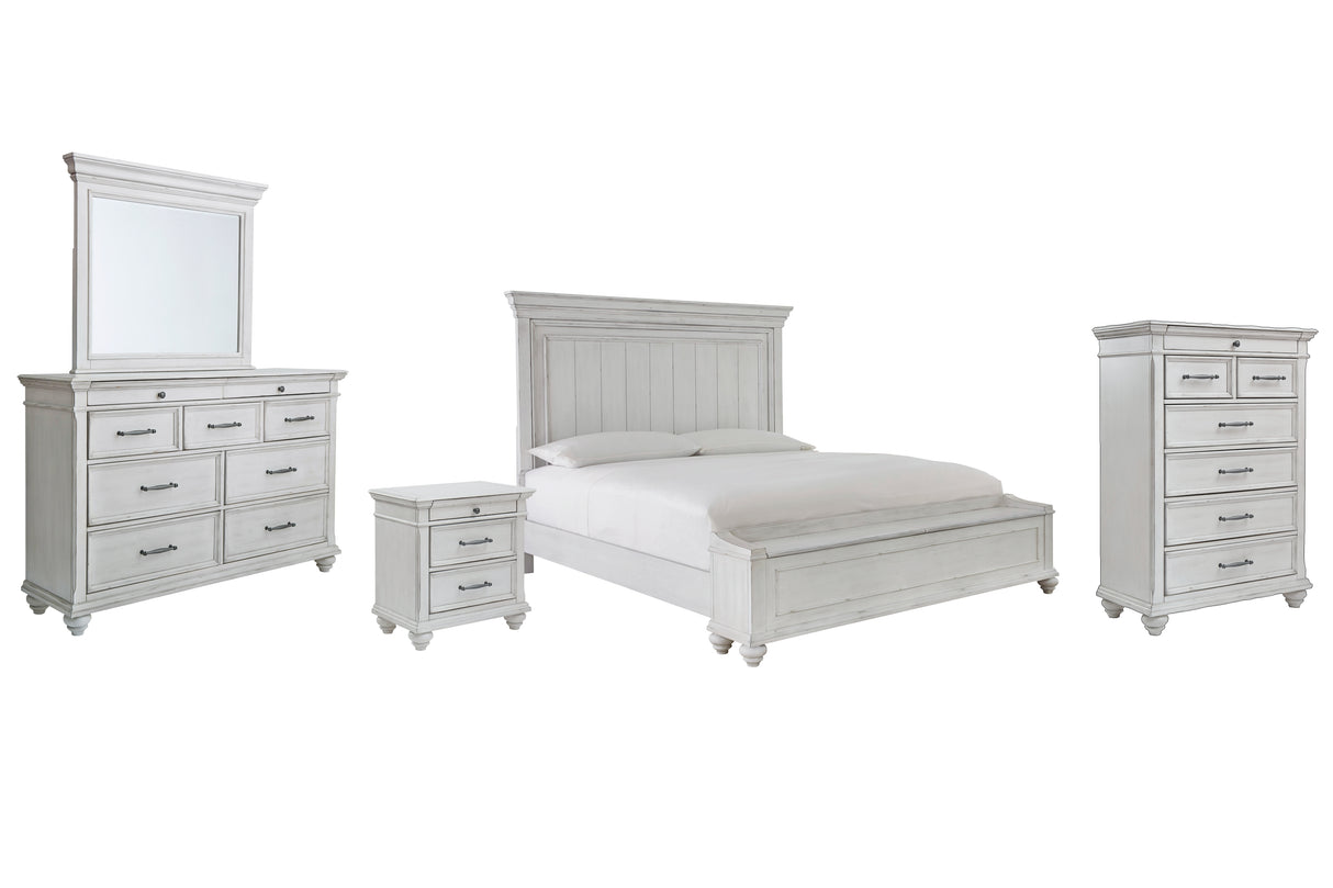 Kanwyn 7-Piece King Panel Bed with Storage with Mirrored Dresser, Chest and Nightstand (King/California King Storage Footboard, King/California King Panel Headboard, King Panel Rails, Dresser, Bedroom Mirror, Chest of Drawers, Nightstand)