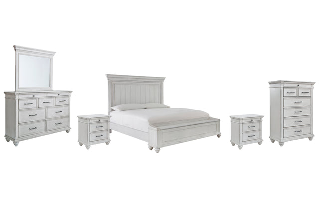 Kanwyn 8-Piece King Panel Bed with Storage with Mirrored Dresser, Chest and 2 Nightstands (King/California King Storage Footboard, King/California King Panel Headboard, King Panel Rails, Dresser, Bedroom Mirror, Chest of Drawers, Nightstand, Nightstand)