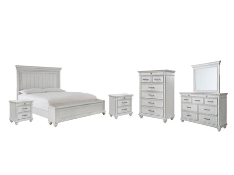 Kanwyn 8-Piece Queen Panel Bed with Storage with Mirrored Dresser, Chest and 2 Nightstands (Queen Storage Footboard, Queen Panel Headboard, Queen Panel Rails, Dresser, Bedroom Mirror, Chest of Drawers, Nightstand, Nightstand)