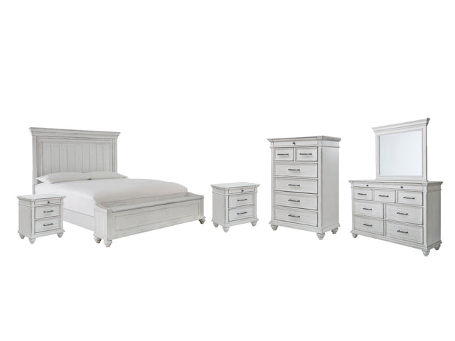 Kanwyn 8-Piece Queen Panel Bed with Storage with Mirrored Dresser, Chest and 2 Nightstands (Queen Storage Footboard, Queen Panel Headboard, Queen Panel Rails, Dresser, Bedroom Mirror, Chest of Drawers, Nightstand, Nightstand)