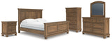 Feddinger 7-Piece California King Panel Bed with Mirrored Dresser, Chest and Nightstand (King/California King Panel Footboard, King/California King Panel Headboard, California King Panel Rails, Dresser, Bedroom Mirror, Chest of Drawers, Nightstand)