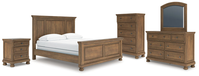 Feddinger 7-Piece California King Panel Bed with Mirrored Dresser, Chest and Nightstand (King/California King Panel Footboard, King/California King Panel Headboard, California King Panel Rails, Dresser, Bedroom Mirror, Chest of Drawers, Nightstand)