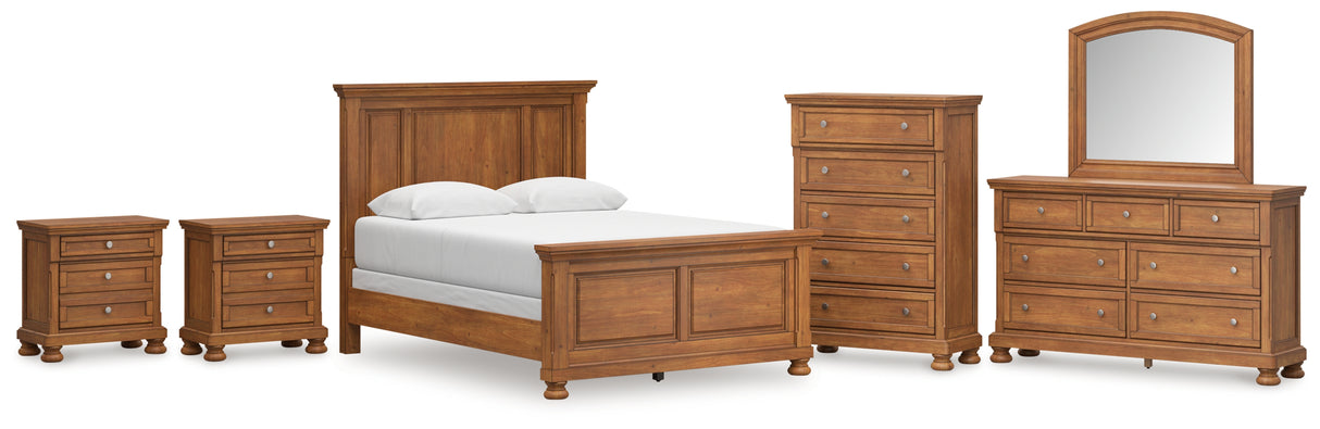Feddinger 8-Piece Queen Panel Bed with Mirrored Dresser, Chest and 2 Nightstands (Queen Panel Footboard, Queen Panel Headboard, Queen Panel Rails, Dresser, Bedroom Mirror, Chest of Drawers, Nightstand, Nightstand)